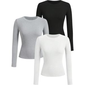 image:imageOYOANGLE Girls Long Sleeve T Shirt 3 Pack Crew Neck Basic Fitted Tee Shirts Solid Fall Layering TopsLight Grey