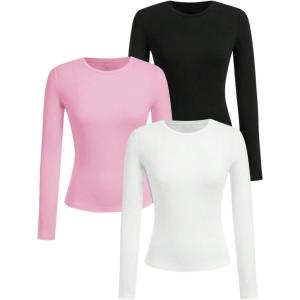 image:imageOYOANGLE Girls Long Sleeve T Shirt 3 Pack Crew Neck Basic Fitted Tee Shirts Solid Fall Layering TopsPink White Black