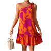image:imageOYOANGLE Womens Boho Floral Print Knot One Shoulder Ruffle Hem Dress A Line Summer Short Dresses