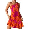 image:imageOYOANGLE Womens Boho Floral Print Knot One Shoulder Ruffle Hem Dress A Line Summer Short Dresses