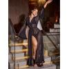 image:imageOYOANGLE Womens Ruffle Trim Long Sleeve Belted Sheer Mesh Wedding Bride Robe NightgownBlack