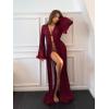 image:imageOYOANGLE Womens Ruffle Trim Long Sleeve Belted Sheer Mesh Wedding Bride Robe NightgownBurgundy