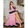 image:imageOYOANGLE Womens Ruffle Trim Long Sleeve Belted Sheer Mesh Wedding Bride Robe NightgownPink and Black