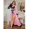 image:imageOYOANGLE Womens Ruffle Trim Long Sleeve Belted Sheer Mesh Wedding Bride Robe NightgownPink and Black