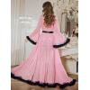 image:imageOYOANGLE Womens Ruffle Trim Long Sleeve Belted Sheer Mesh Wedding Bride Robe NightgownPink and Black