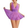 image:imageOYOANGLE Womens 2 Piece Polka Dots Lace Sheer Mesh V Neck Babydoll Teddy Lingerie SetDeep Purple