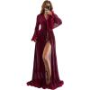 image:imageOYOANGLE Womens Ruffle Trim Long Sleeve Belted Sheer Mesh Wedding Bride Robe NightgownBurgundy
