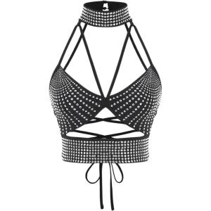 image:imageOYOANGLE Womens Rhinestone Beaded Cut Out Camisoles Sleeveless Strappy Backless Party Crop Top Going Out TopsBlack