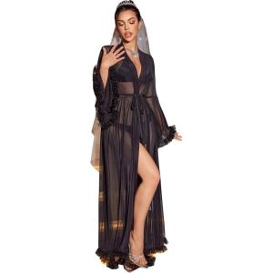 image:imageOYOANGLE Womens Ruffle Trim Long Sleeve Belted Sheer Mesh Wedding Bride Robe NightgownBlack