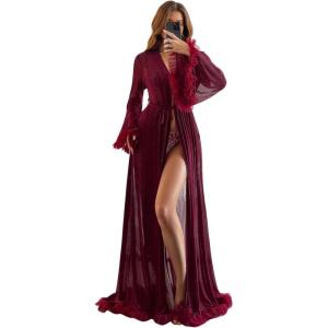image:imageOYOANGLE Womens Ruffle Trim Long Sleeve Belted Sheer Mesh Wedding Bride Robe NightgownBurgundy