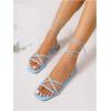 image:imageOYOANGLE Womens Lace Up Strappy Flat Sandals Metallic Summer Square Open Toe Sandal Tie Up ShoesLight Blue