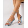 image:imageOYOANGLE Womens Lace Up Strappy Flat Sandals Metallic Summer Square Open Toe Sandal Tie Up ShoesLight Blue