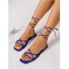 image:imageOYOANGLE Womens Lace Up Strappy Flat Sandals Metallic Summer Square Open Toe Sandal Tie Up ShoesRoyal Blue