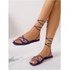 image:imageOYOANGLE Womens Lace Up Strappy Flat Sandals Metallic Summer Square Open Toe Sandal Tie Up ShoesRoyal Blue