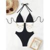 image:imageOYOANGLE Womens Ring Linked Cut Out One Piece Swimsuits Textured Tie Backless Halter Bathing Suit MonokiniBlack