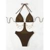 image:imageOYOANGLE Womens Ring Linked Cut Out One Piece Swimsuits Textured Tie Backless Halter Bathing Suit MonokiniCoffee Brown