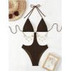image:imageOYOANGLE Womens Ring Linked Cut Out One Piece Swimsuits Textured Tie Backless Halter Bathing Suit MonokiniCoffee Brown