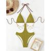 image:imageOYOANGLE Womens Ring Linked Cut Out One Piece Swimsuits Textured Tie Backless Halter Bathing Suit MonokiniGreen