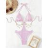 image:imageOYOANGLE Womens Ring Linked Cut Out One Piece Swimsuits Textured Tie Backless Halter Bathing Suit MonokiniPink
