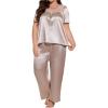 image:imageOYOANGLE Womens Plus Size Satin Pajama Set Contrast Lace Short Sleeve Top and Pants 2 Piece LoungewearChampagne