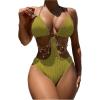 image:imageOYOANGLE Womens Ring Linked Cut Out One Piece Swimsuits Textured Tie Backless Halter Bathing Suit MonokiniGreen