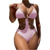 image:imageOYOANGLE Womens Ring Linked Cut Out One Piece Swimsuits Textured Tie Backless Halter Bathing Suit MonokiniPink