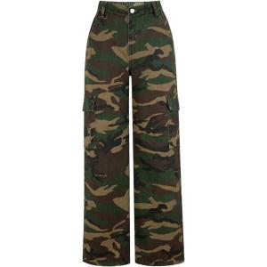 image:imageOYOANGLE Girls Camo Print Cargo Pants Flap Pocket Mid Waist Wide Leg Casual JeansDeep Green