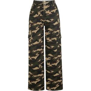 image:imageOYOANGLE Girls Camo Print Cargo Pants Flap Pocket Mid Waist Wide Leg Casual JeansYellow