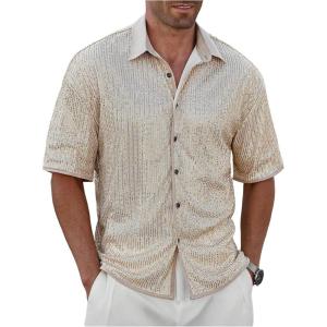 image:imageOYOANGLE Mens Sequin Shiny Button Down Shirt Short Sleeve Collared Shirts Party Holiday TopsGold