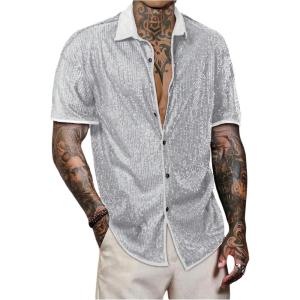 image:imageOYOANGLE Mens Sequin Shiny Button Down Shirt Short Sleeve Collared Shirts Party Holiday TopsWhite