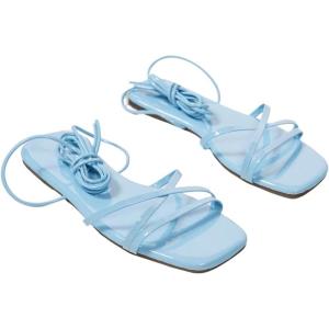 image:imageOYOANGLE Womens Lace Up Strappy Flat Sandals Metallic Summer Square Open Toe Sandal Tie Up ShoesLight Blue