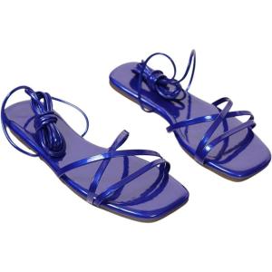 image:imageOYOANGLE Womens Lace Up Strappy Flat Sandals Metallic Summer Square Open Toe Sandal Tie Up ShoesRoyal Blue