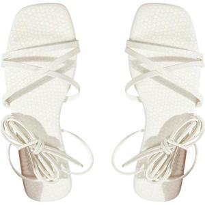 image:imageOYOANGLE Womens Lace Up Strappy Flat Sandals Metallic Summer Square Open Toe Sandal Tie Up ShoesWhite