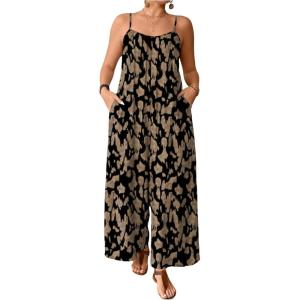 image:imageOYOANGLE Womens Plus Size Printed Wide Leg Jumpsuits Boho Spaghetti Strap Long Pants Romper with PocketMulticolor