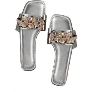 image:imageOYOANGLE Womens Rhinestone Flower Decor Clear Strap Sandals Square Toe Flat SandalsBright Silver
