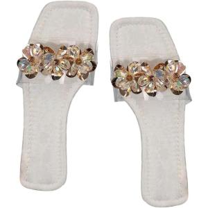 image:imageOYOANGLE Womens Rhinestone Flower Decor Clear Strap Sandals Square Toe Flat SandalsLight White