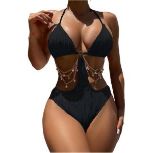 image:imageOYOANGLE Womens Ring Linked Cut Out One Piece Swimsuits Textured Tie Backless Halter Bathing Suit MonokiniBlack