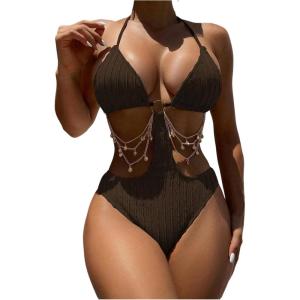 image:imageOYOANGLE Womens Ring Linked Cut Out One Piece Swimsuits Textured Tie Backless Halter Bathing Suit MonokiniCoffee Brown