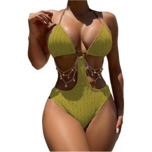 image:imageOYOANGLE Womens Ring Linked Cut Out One Piece Swimsuits Textured Tie Backless Halter Bathing Suit MonokiniGreen