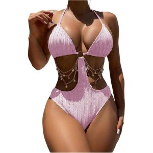 image:imageOYOANGLE Womens Ring Linked Cut Out One Piece Swimsuits Textured Tie Backless Halter Bathing Suit MonokiniPink
