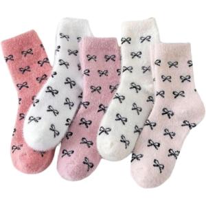 image:imageOYOANGLE Womens 5 Pairs Cute Bow Print Fuzzy Crew Socks Soft Warm Coquette Slipper SocksWhite Pink