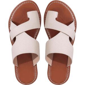 image:imageOYOANGLE Womens Pu Leather Open Toe Sandals Strappy Flat Slide On Flip Flops Casual Outdoor SlippersBeige