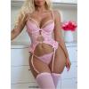image:imageOYOANGLE Womens 3 Pieces Lace Patchwork Lingerie Sets Sexy Bra Panty Garter Belt StockingsPink