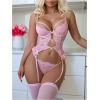 image:imageOYOANGLE Womens 3 Pieces Lace Patchwork Lingerie Sets Sexy Bra Panty Garter Belt StockingsPink