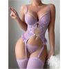 image:imageOYOANGLE Womens 3 Pieces Lace Patchwork Lingerie Sets Sexy Bra Panty Garter Belt StockingsPurple