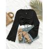 image:imageOYOANGLE Womens Drawstring Tie Front Sweater Flare Long Sleeve Crop Tops Hollow Out KnitwearBlack