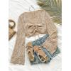 image:imageOYOANGLE Womens Drawstring Tie Front Sweater Flare Long Sleeve Crop Tops Hollow Out KnitwearKhaki