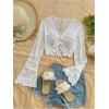 image:imageOYOANGLE Womens Drawstring Tie Front Sweater Flare Long Sleeve Crop Tops Hollow Out KnitwearWhite