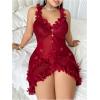 image:imageOYOANGLE Womens Plus Size 3D Floral Appliques Sheer Strap Chemise Mesh Nightgowns See Through V Neck SleepwearBurgundy