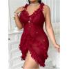 image:imageOYOANGLE Womens Plus Size 3D Floral Appliques Sheer Strap Chemise Mesh Nightgowns See Through V Neck SleepwearBurgundy
